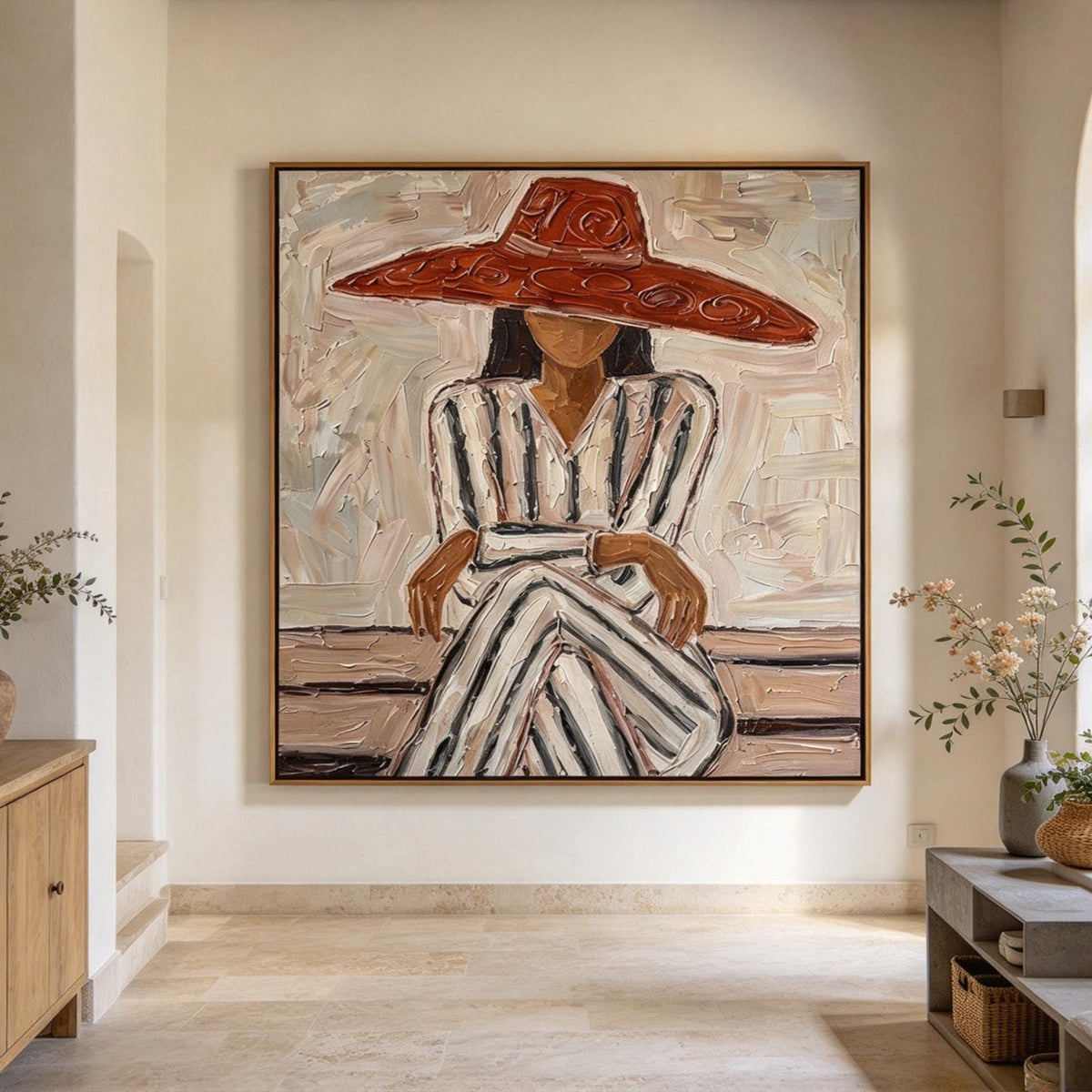 Red Hat Lady Textured Oil Painting | Neutral Fashion Wall Art #CA011