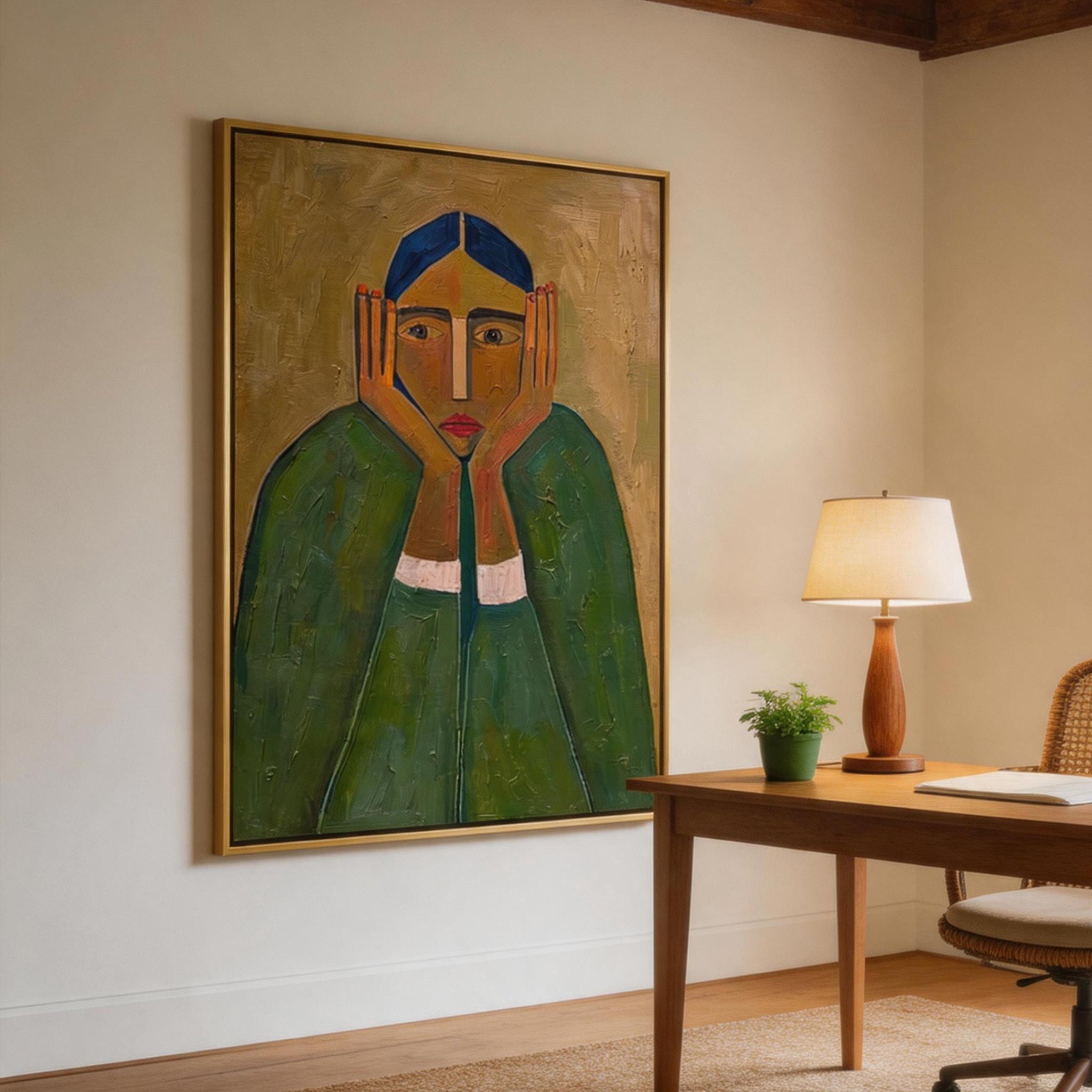 Seen — Frontal Woman Portrait Canvas Wall Art, Green & Gold #GT011