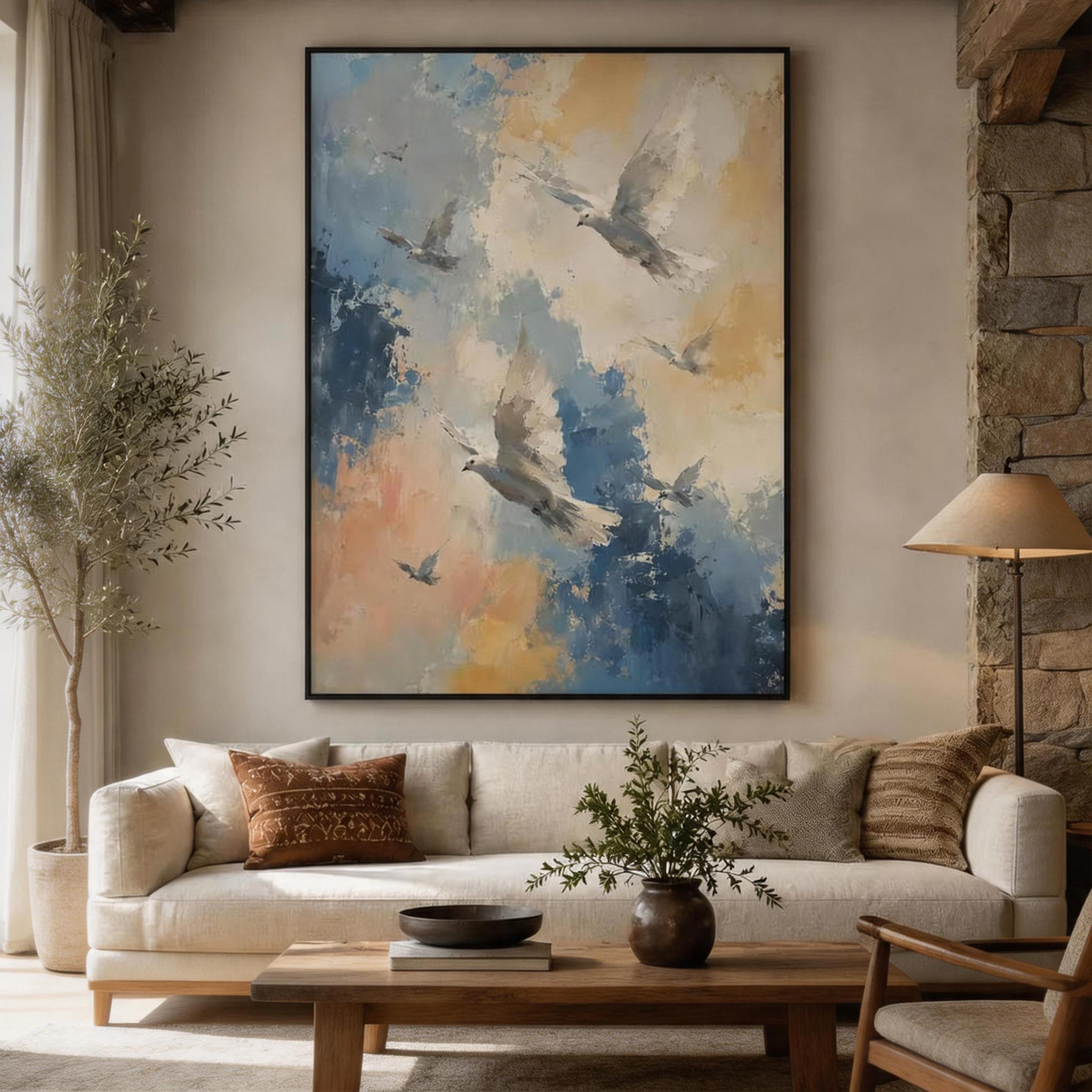 Taking Flight — Abstract Birds Canvas Wall Art in Blue & Gold #AB017