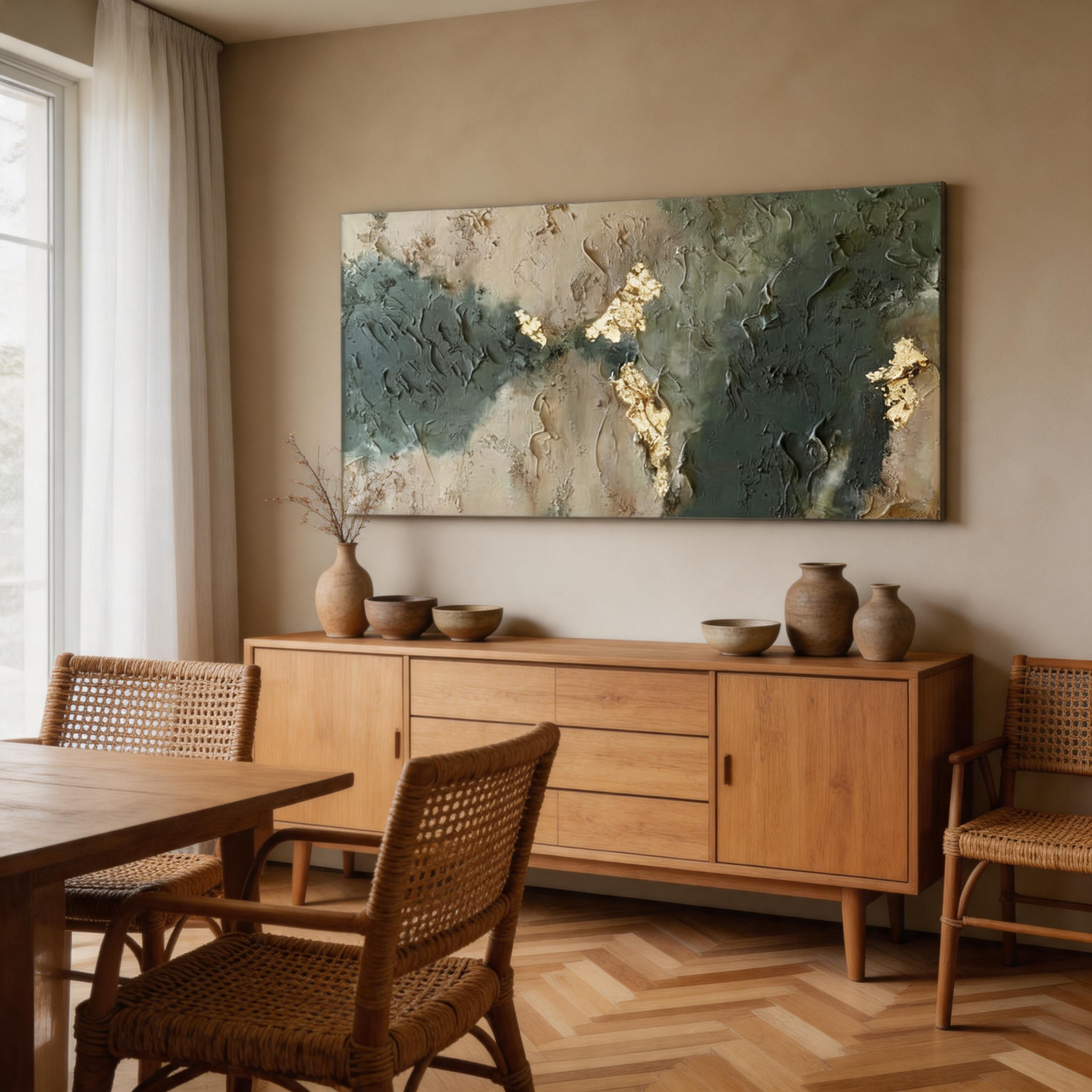 Teal & Gold — Luxury Impasto Abstract Canvas Wall Art with Gold Leaf #GT006