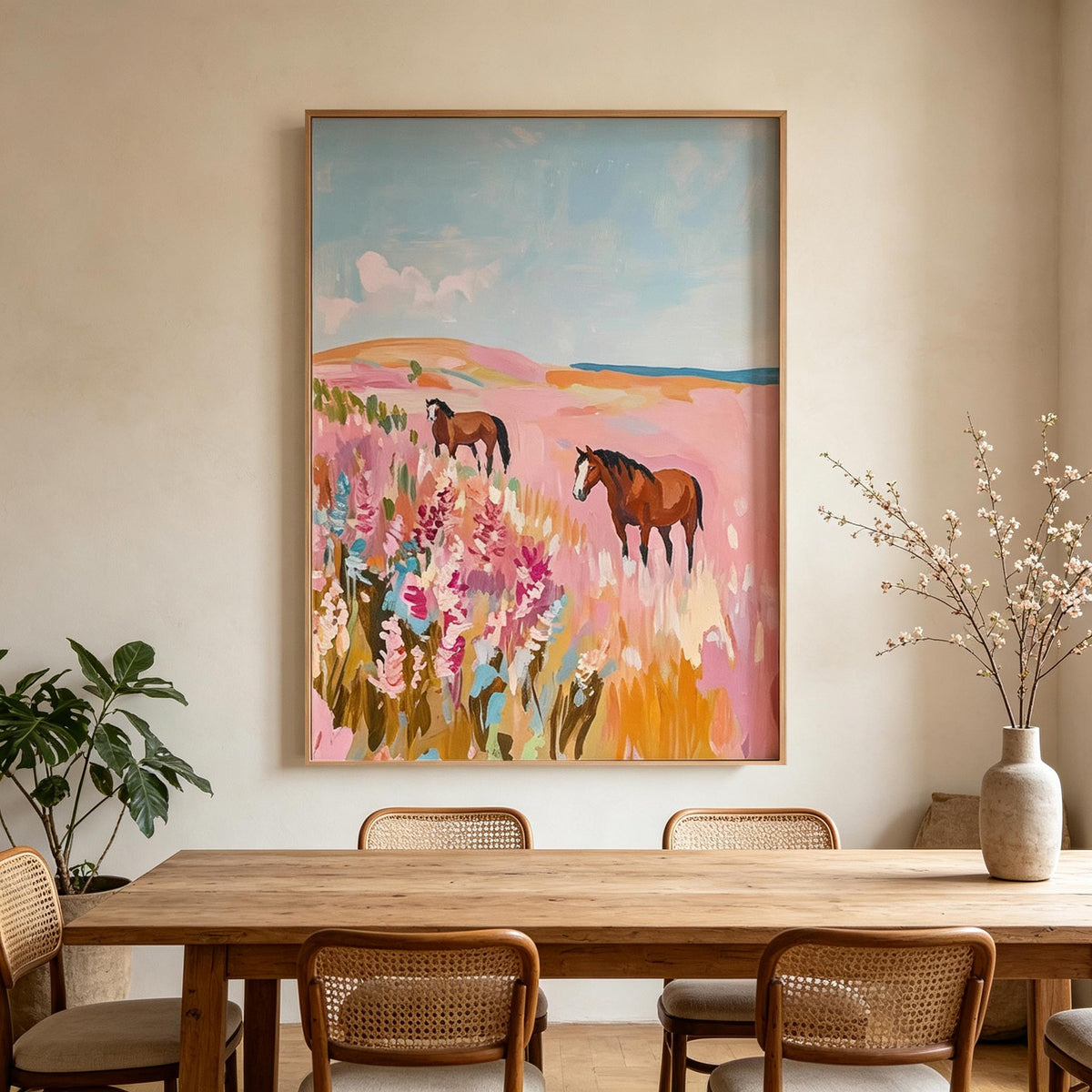 Horses in Pink Meadow Wall Art #AN016