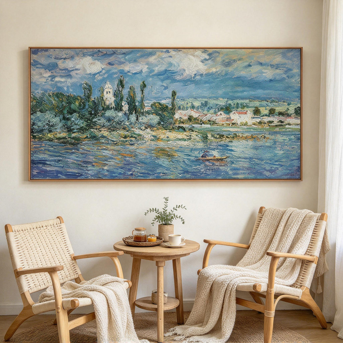 Impressionist Riverside Village Landscape Wall Art #LS068