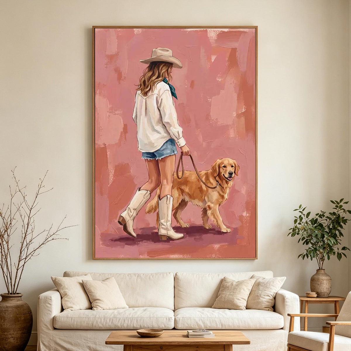 Woman Walking a Golden Retriever Wall Art #AN015