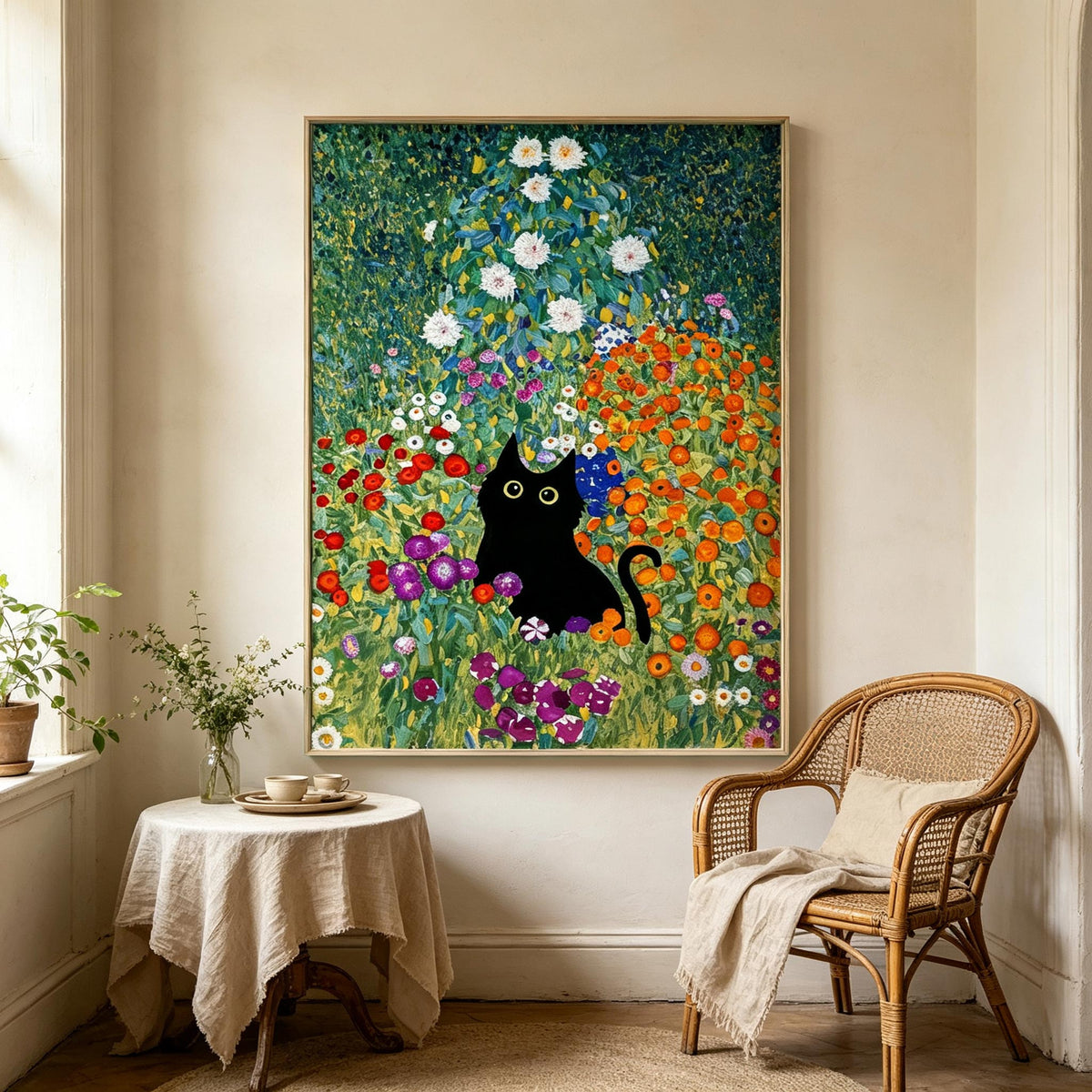 Black Cat in Flower Garden Wall Art #AN013