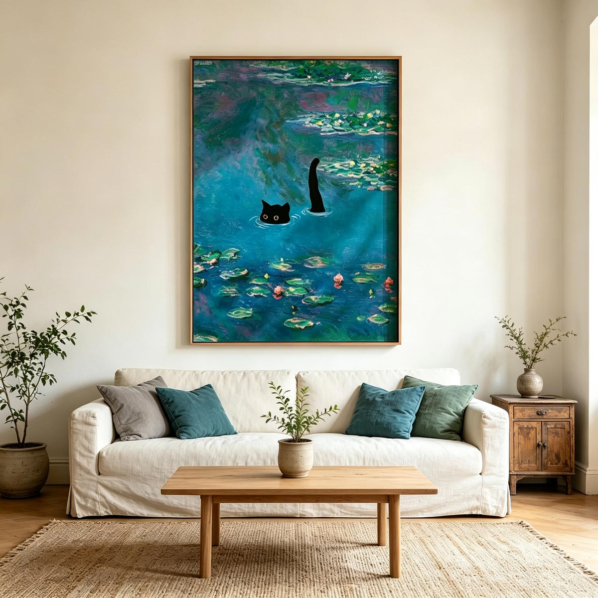 Black Cat in Lily Pond Wall Art #AN012