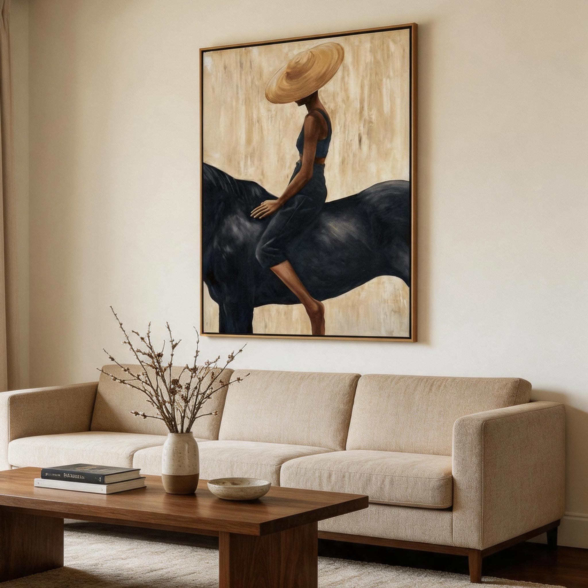 The Hat — Elegant Woman Figure Canvas Wall Art in Black & Gold #HA036