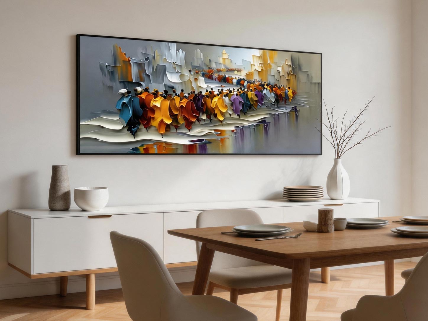 The March — Colourful Crowd Impasto Canvas Wall Art, Wide Format #CP055