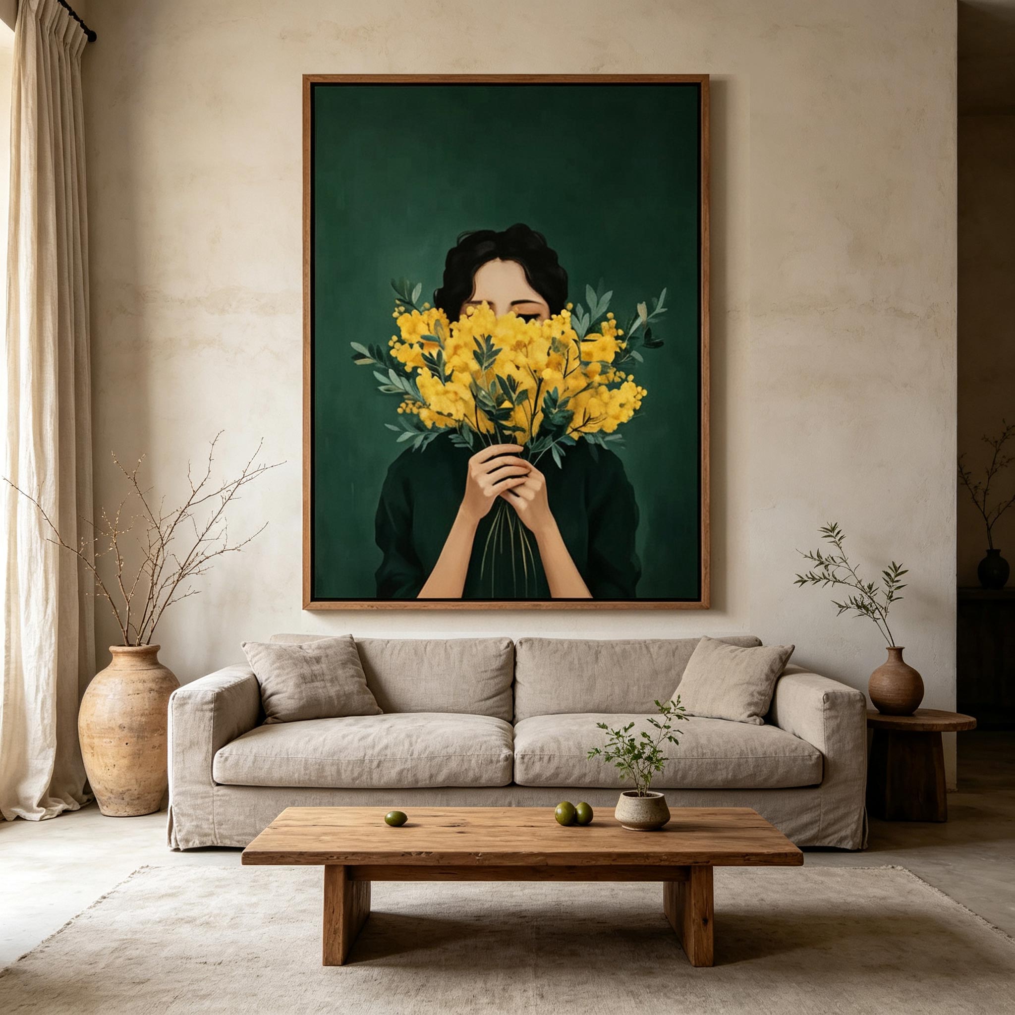 Behind the Mimosa – Modern Illustrative Floral Portrait Painting #CP067