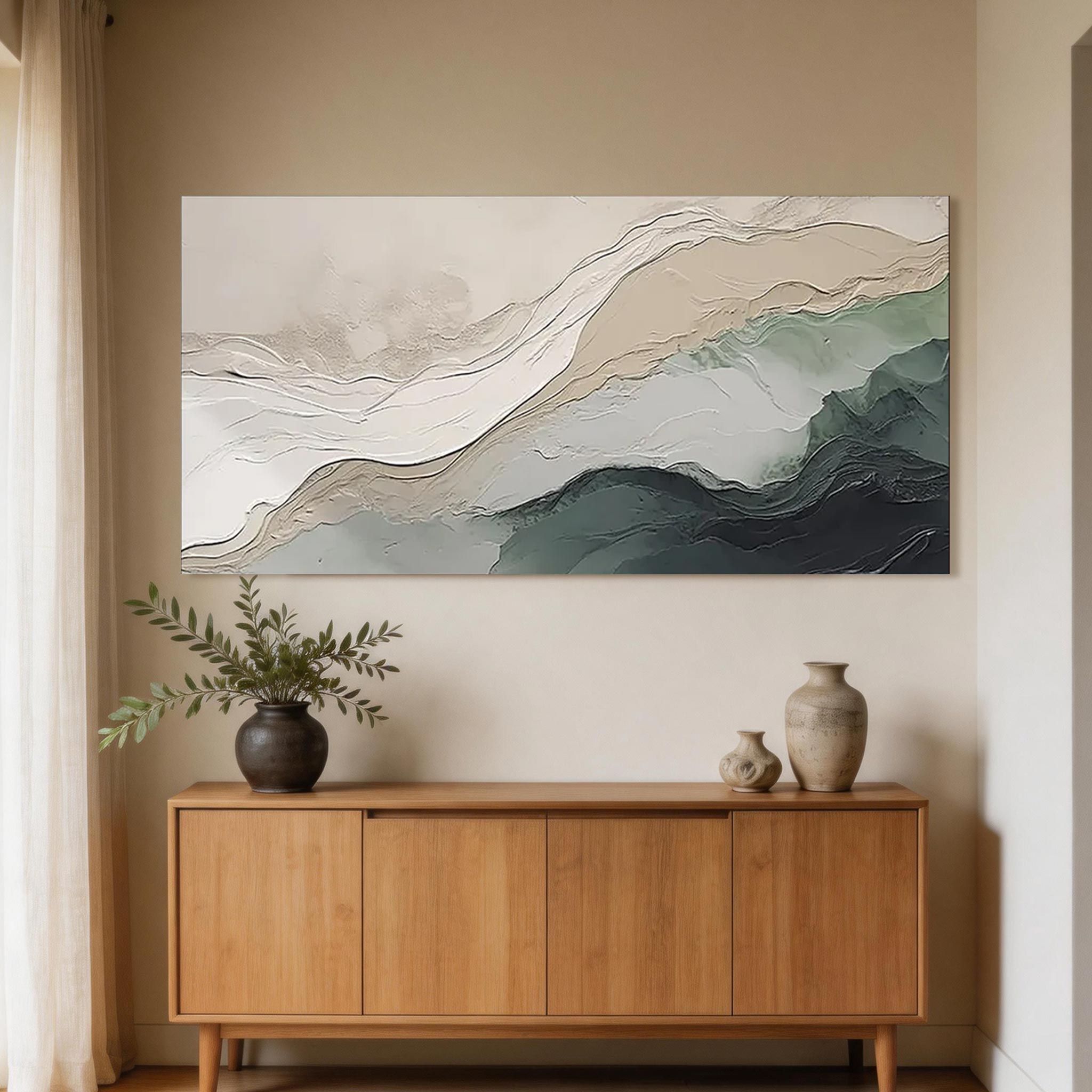 Tidal Layers — Abstract Landscape Canvas Art, Ivory & Sage Teal #AB020