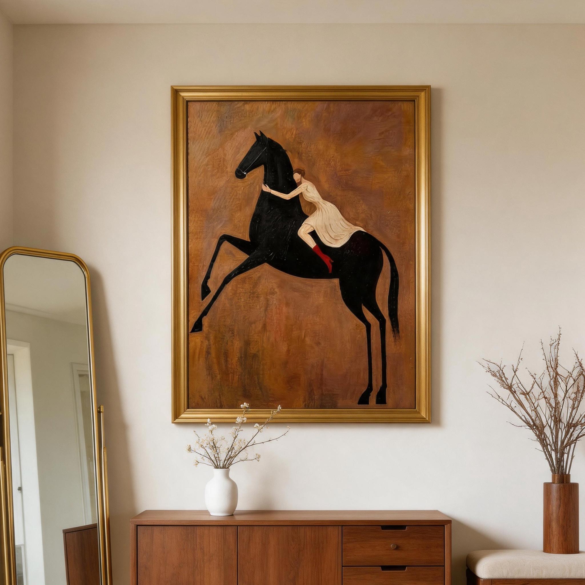 The Leap — Woman & Rearing Black Horse Canvas Wall Art #HA041