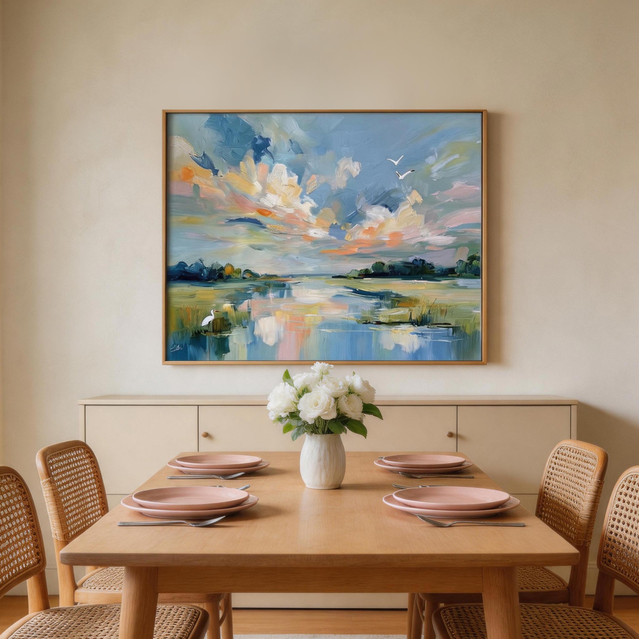 Pastel Lakeside Sunset Oil Painting #PL001