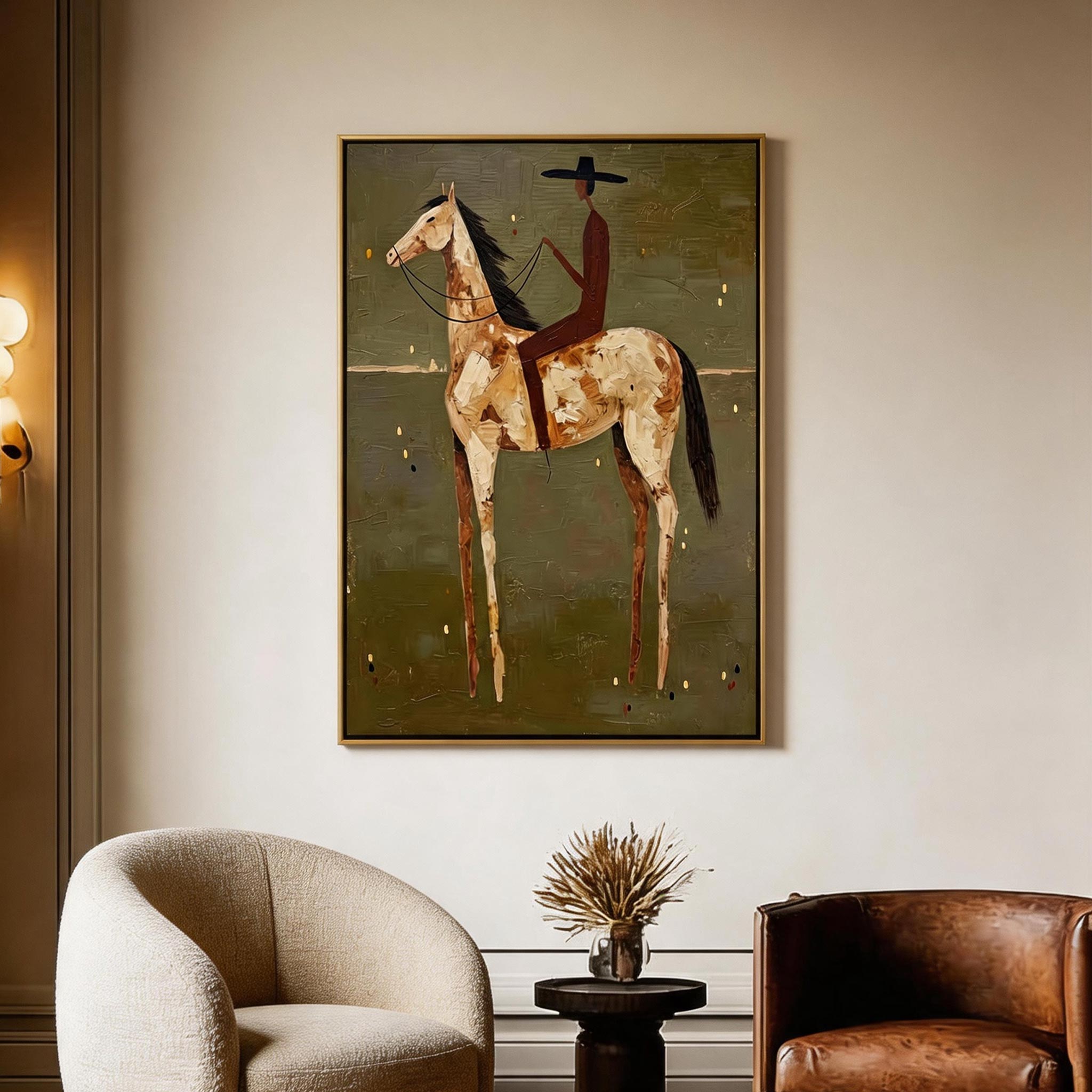Paint Horse Rider — Folk Art Equestrian Canvas Wall Art, Olive #HA042