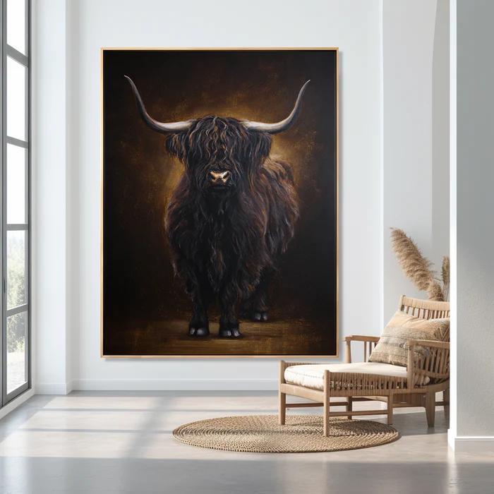 Highland Cow Wall Art – Dark Rustic Animal Canvas Painting #CP023