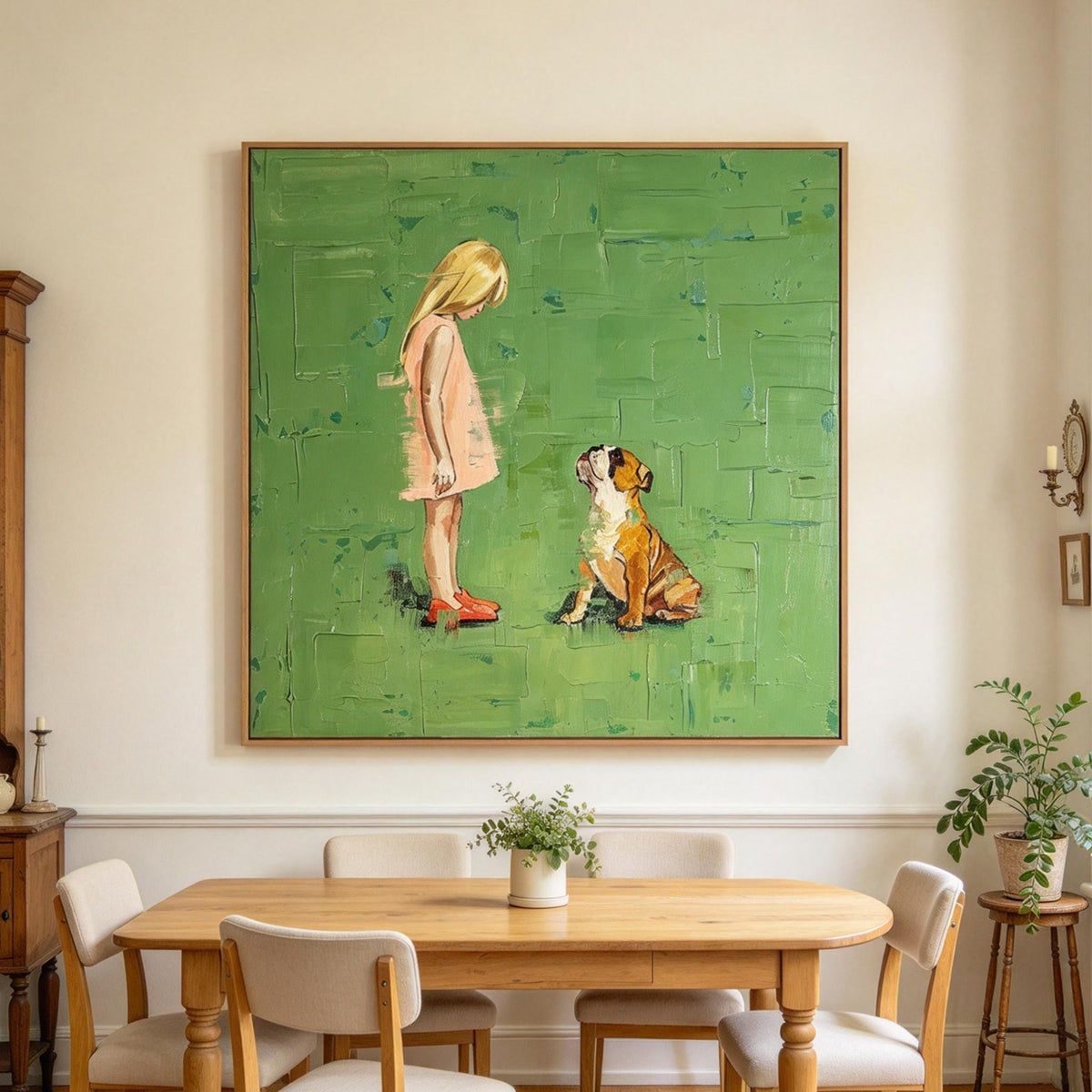 Girl and Dog on Green Wall Art #AN026