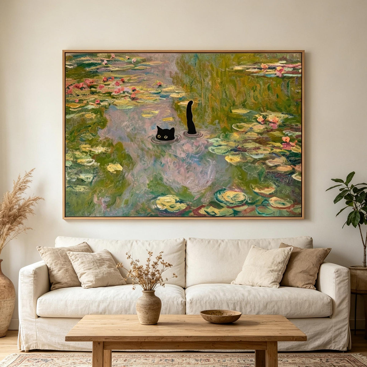 Black Cat in Water Lily Pond Wall Art #AN001