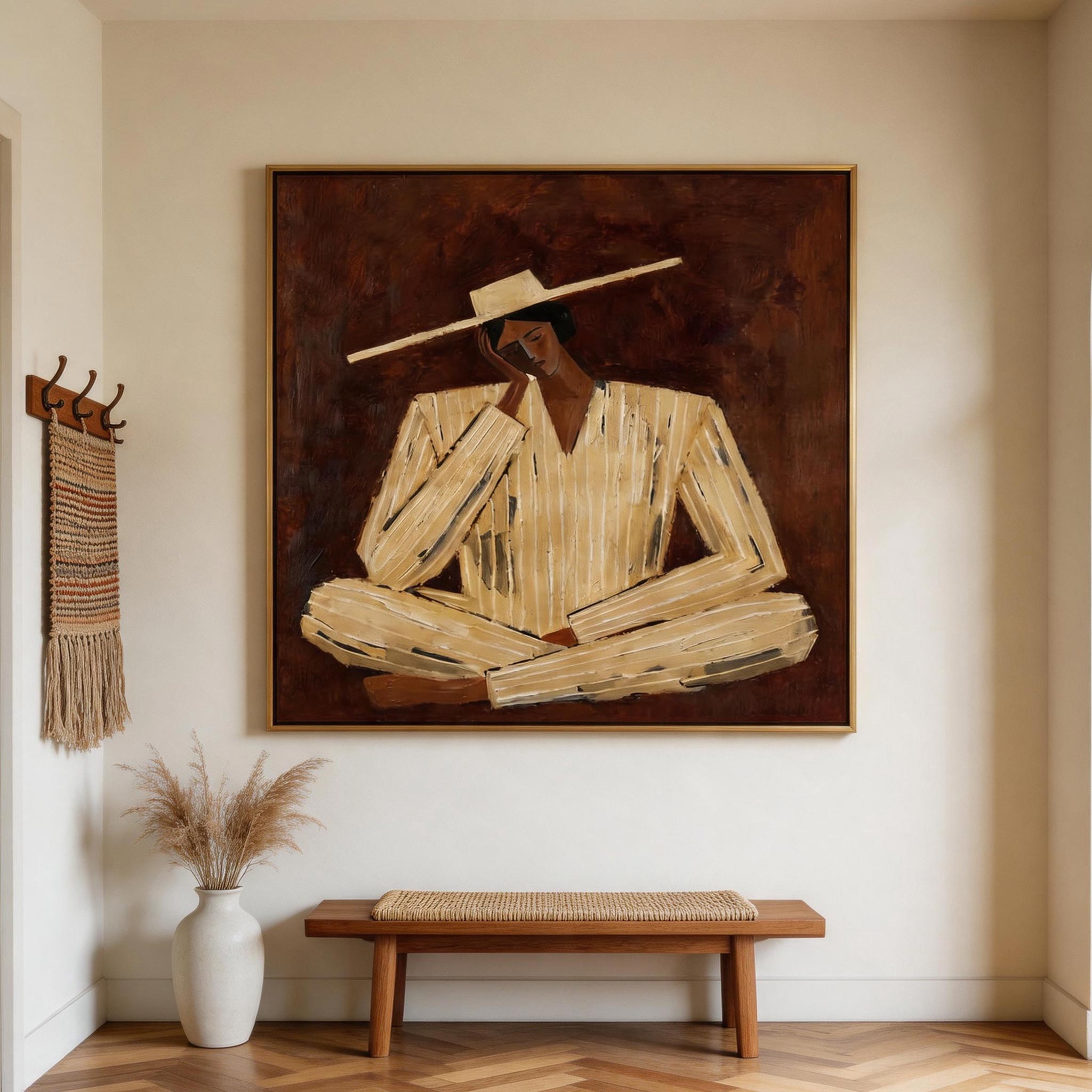 Still — Seated Figure in Wide Hat Canvas Wall Art, Ochre & Oxblood #CP058