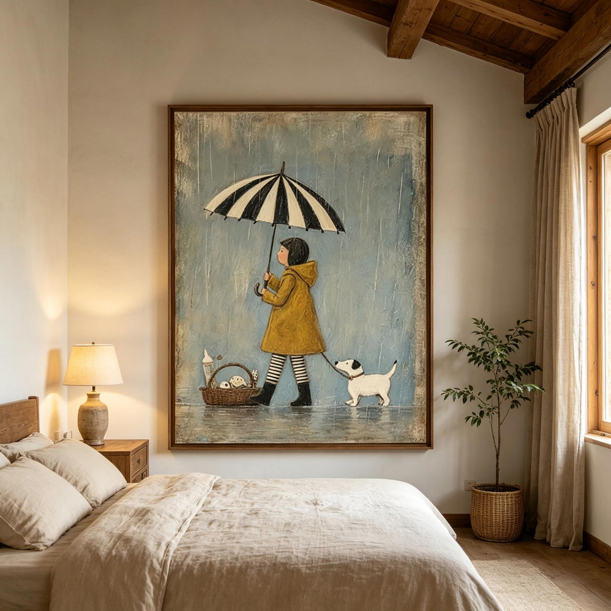 Girl in the Yellow Coat – Whimsical Storybook Figurative Painting #UP004