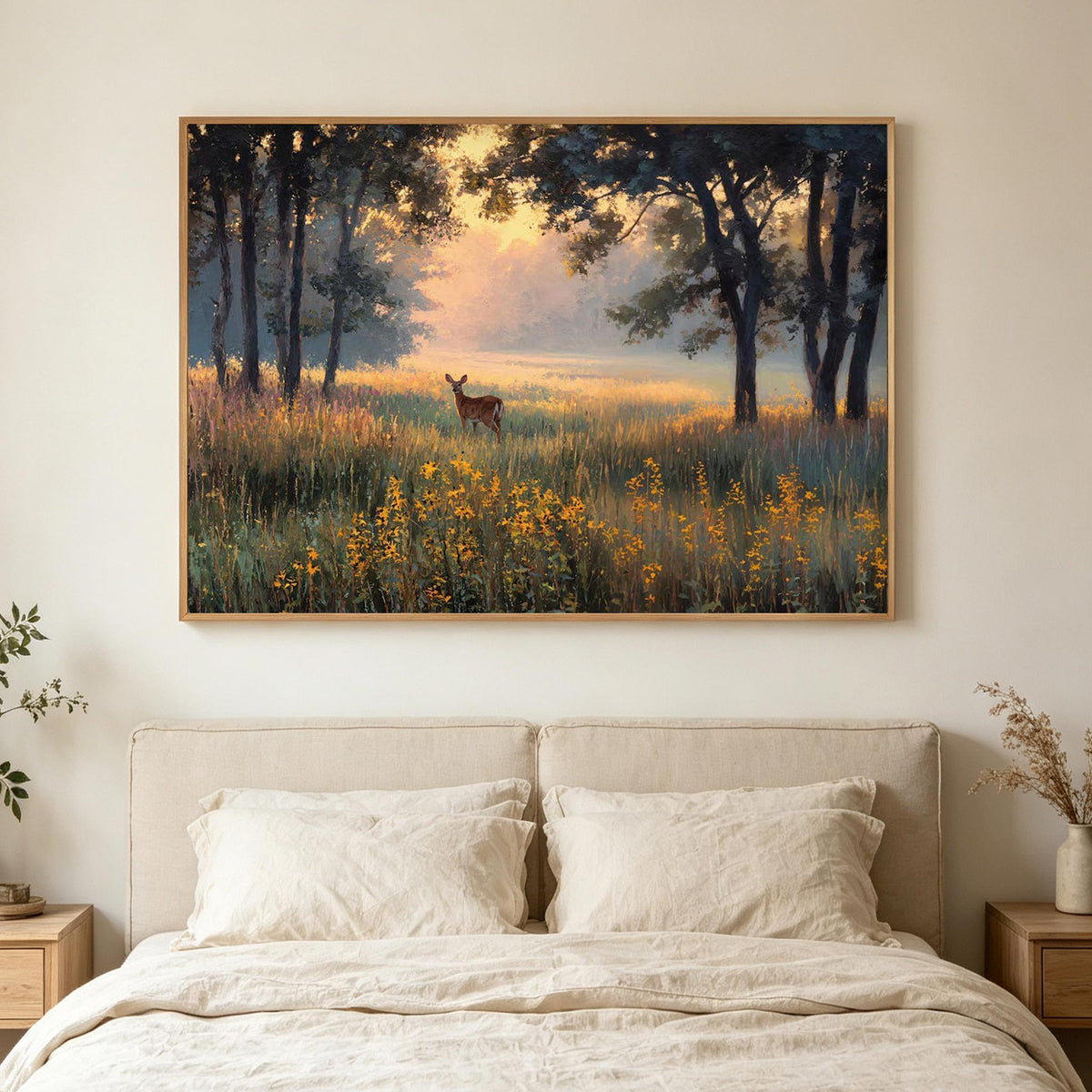 Deer in Golden Woodland Landscape Wall Art #AN003