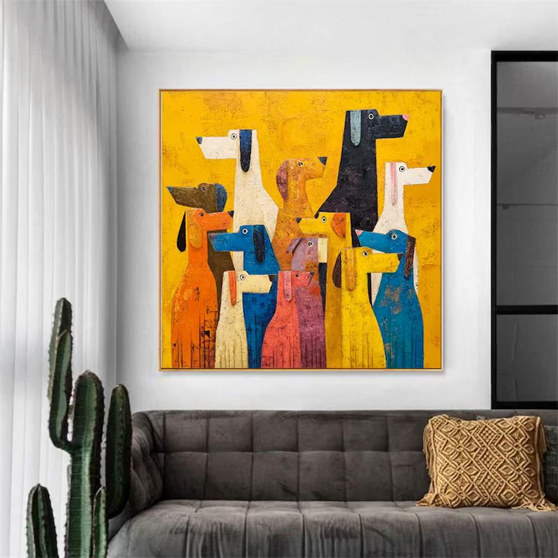 Abstract Colorful Dogs Canvas Painting — Original Whimsical Animal Wall Art #CP037