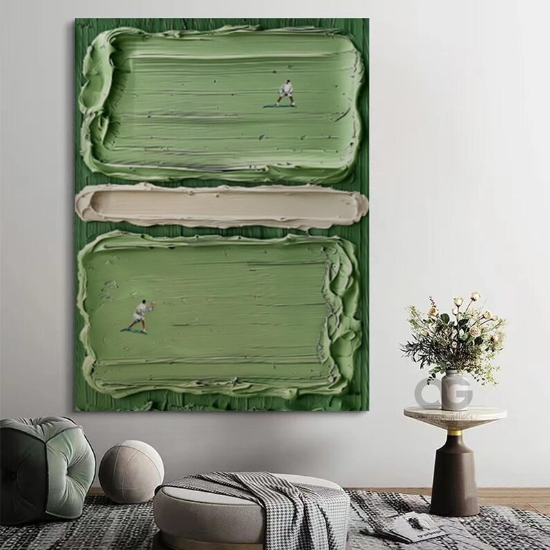 Vertical Textured Abstract Wall Art with Figures – Olive Green Canvas #CP021