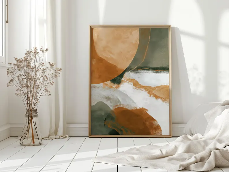 Modern Abstract Wall Art – Olive Green & Burnt Orange Canvas #MA033