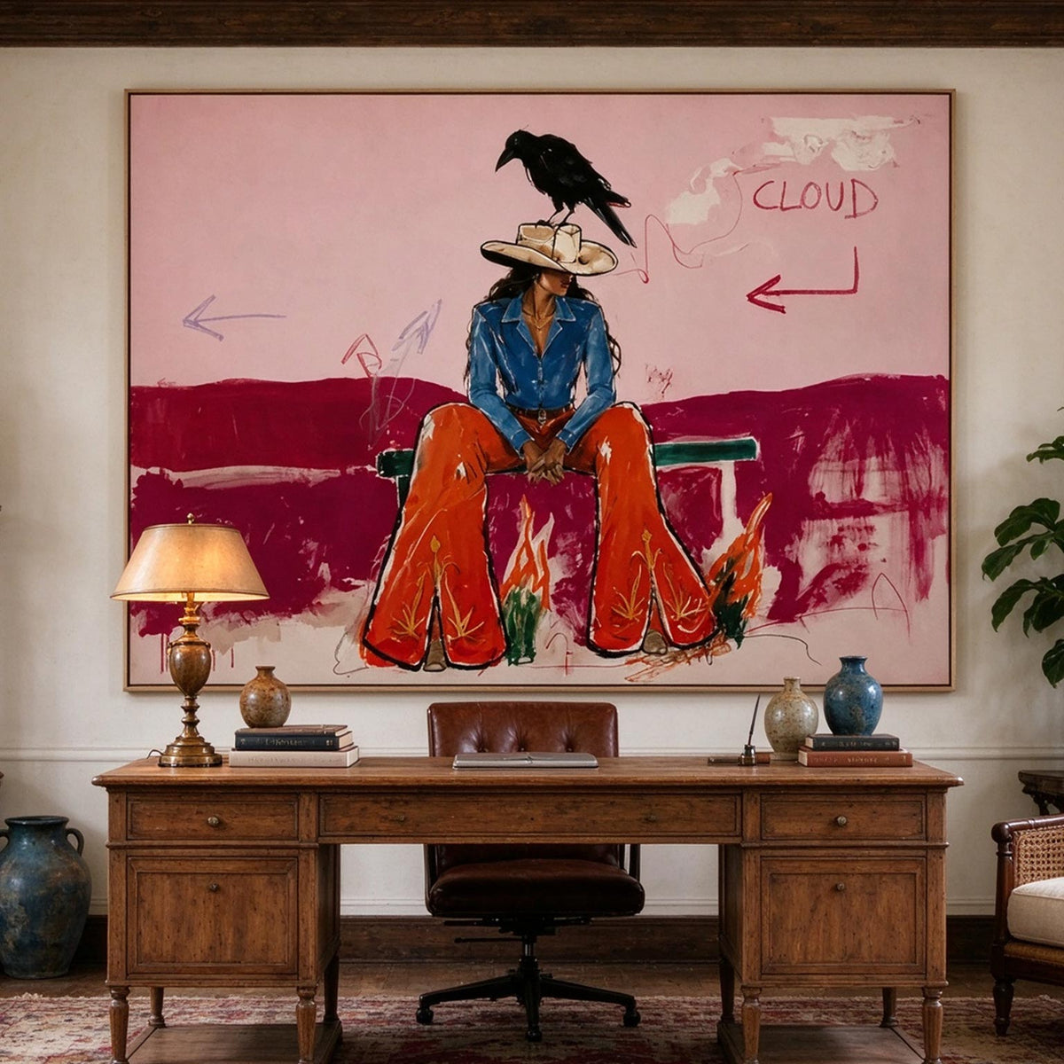 Pink Cowgirl & Crow Western Oil Painting #CA013