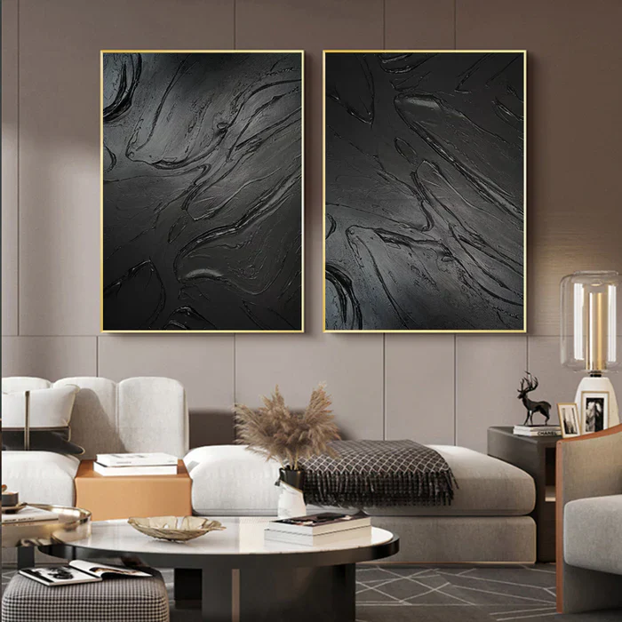 Black Plaster Art Minimalist Textured Painting Set of 2 #BT010