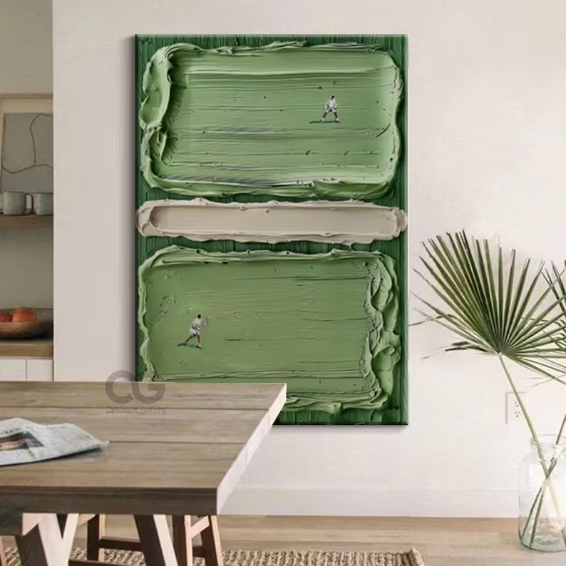 Vertical Textured Abstract Wall Art with Figures – Olive Green Canvas #CP021