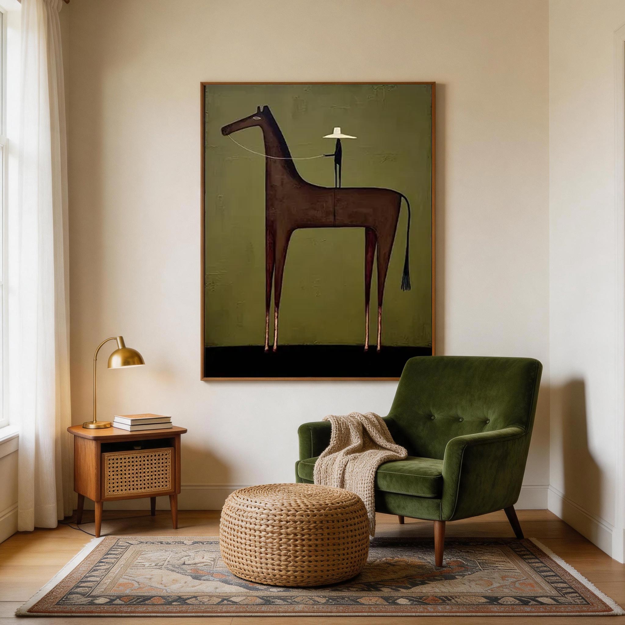 The Wrangler — Dark Horse & Hat Rider Folk Art Canvas Wall Art #HA038