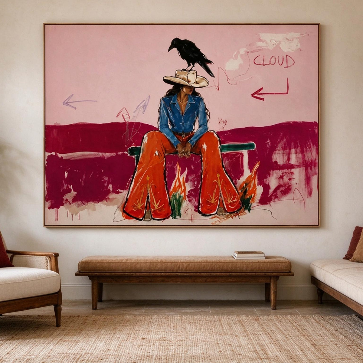 Pink Cowgirl & Crow Western Oil Painting #CA013