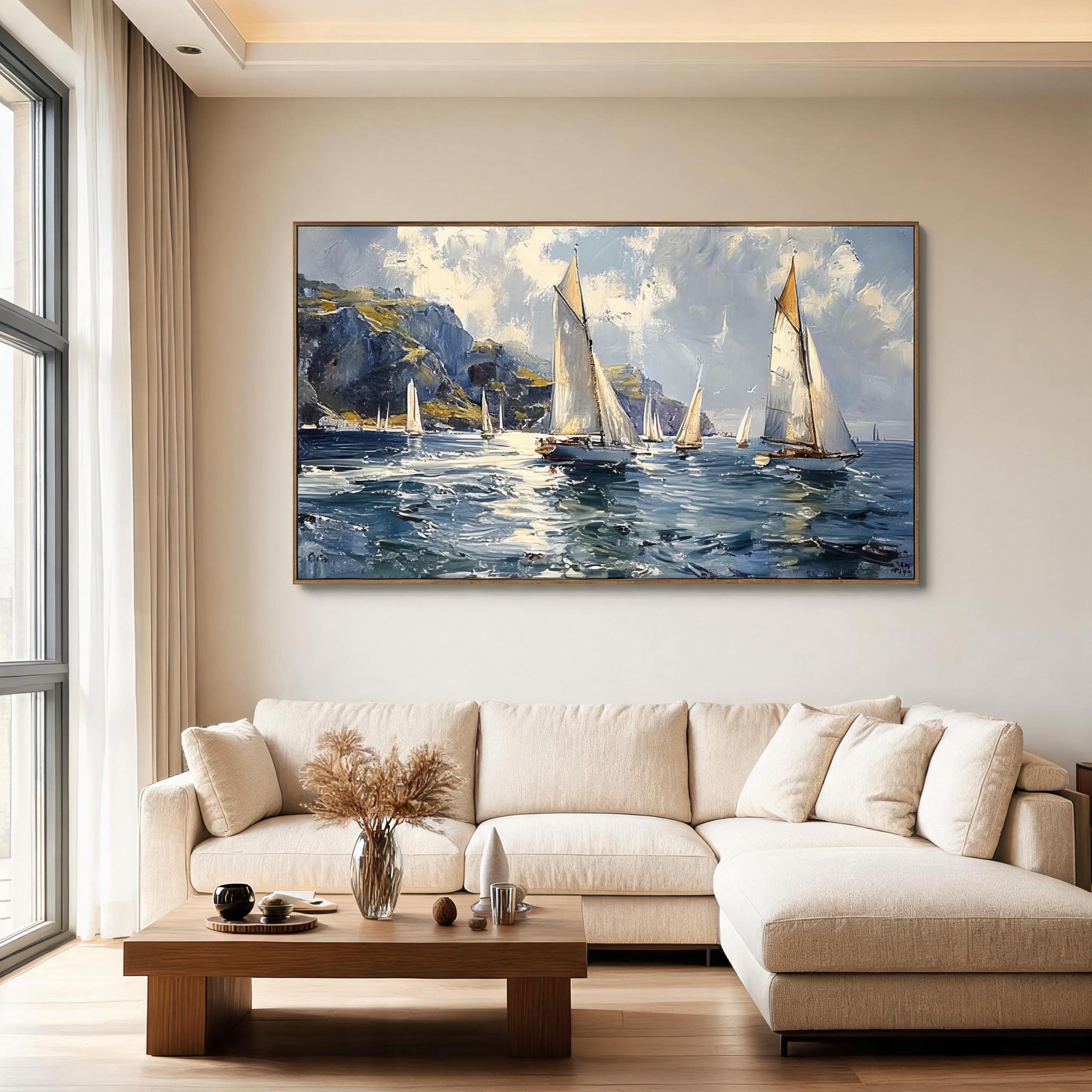 Fair Wind — Sailing Regatta Impasto Canvas Wall Art, Blue & Gold #GT012