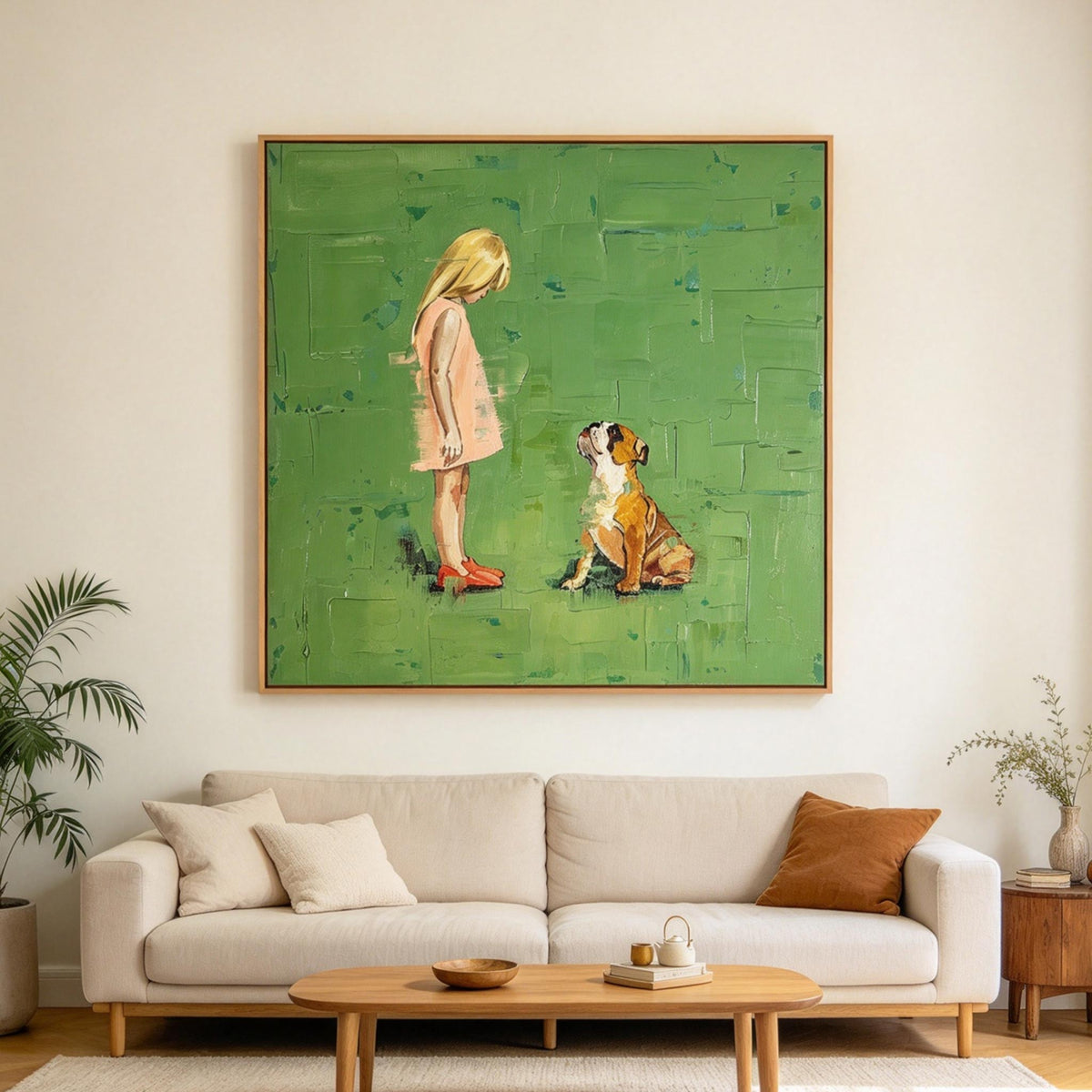 Girl and Dog on Green Wall Art #AN026