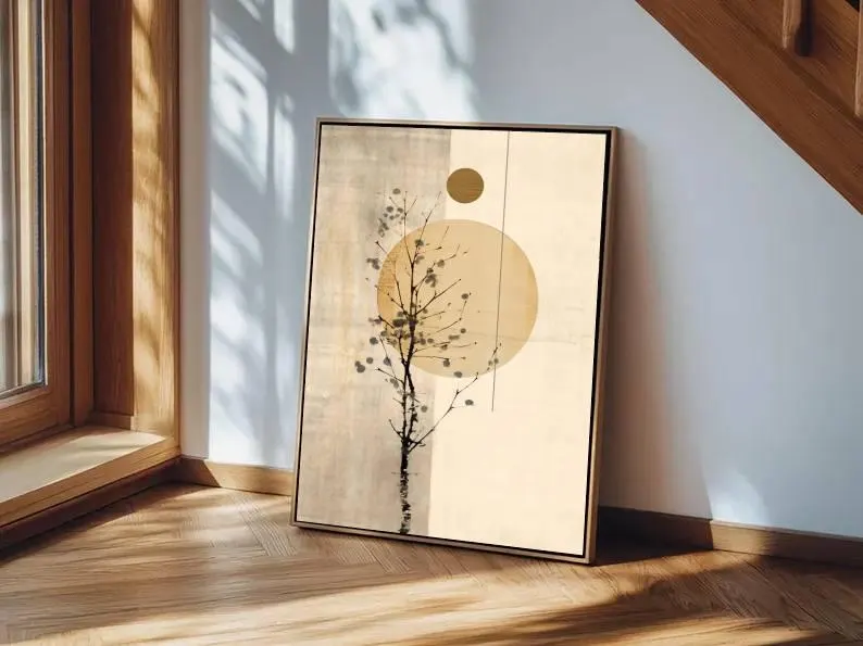 Minimalist Tree Wall Art with Sun – Modern Neutral Canvas Painting #MA029
