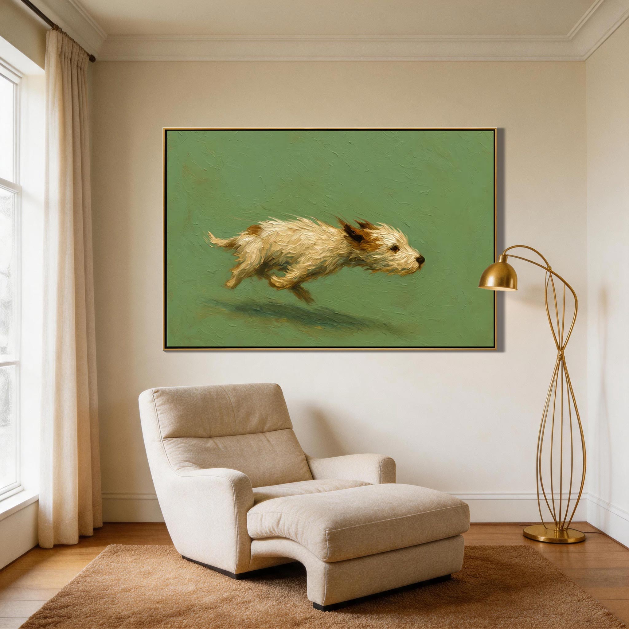 Full Speed — Running Terrier Impasto Canvas Wall Art on Sage Green #CP056