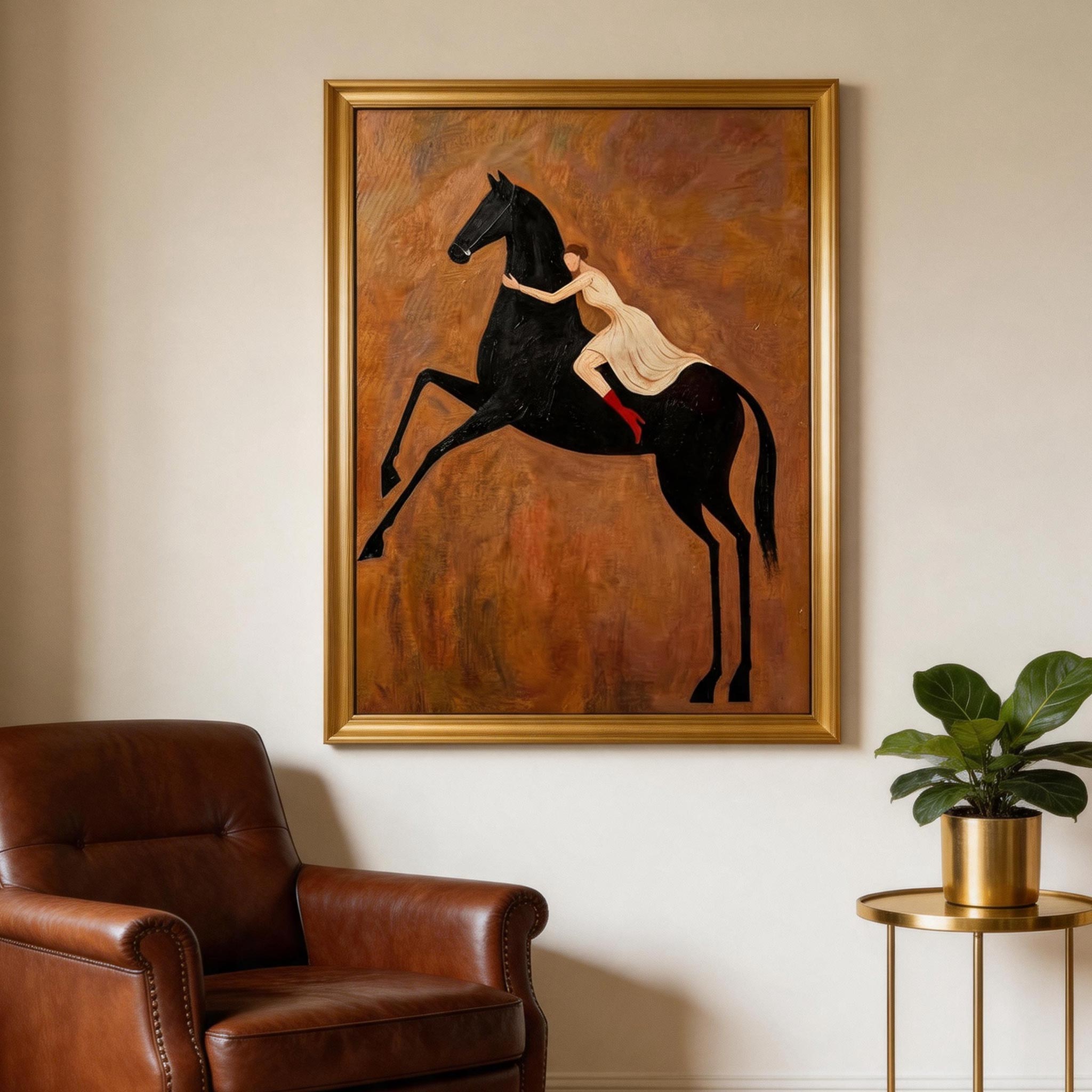 The Leap — Woman & Rearing Black Horse Canvas Wall Art #HA041