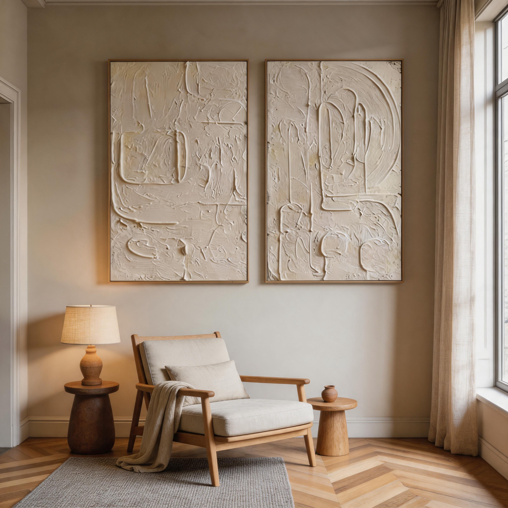 White on White — Ivory Impasto Textured Diptych Canvas Wall Art Set of 2 #CP045