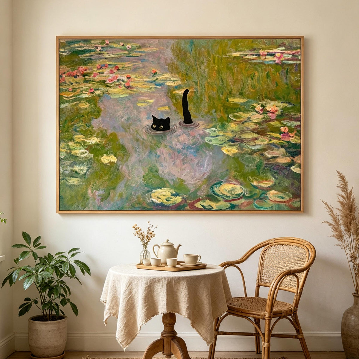 Black Cat in Water Lily Pond Wall Art #AN001