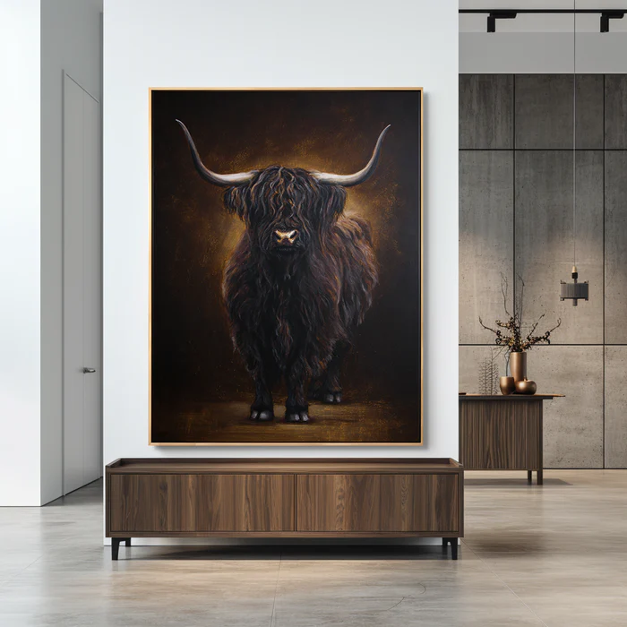 Highland Cow Wall Art – Dark Rustic Animal Canvas Painting #CP023