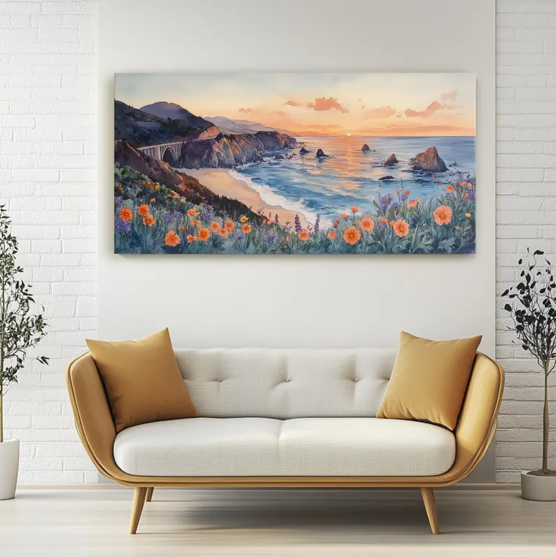 Coastal Sunset Wall Art – Large Ocean Landscape Canvas Painting #CP017