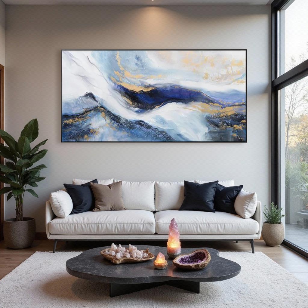 Modern Abstract Blue & Gold Landscape Oil Painting #AT041