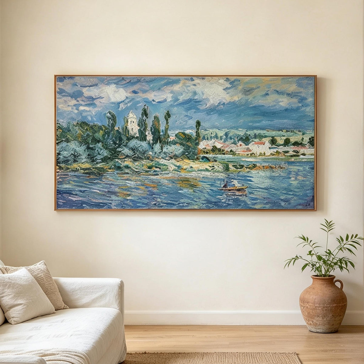 Impressionist Riverside Village Landscape Wall Art #LS068