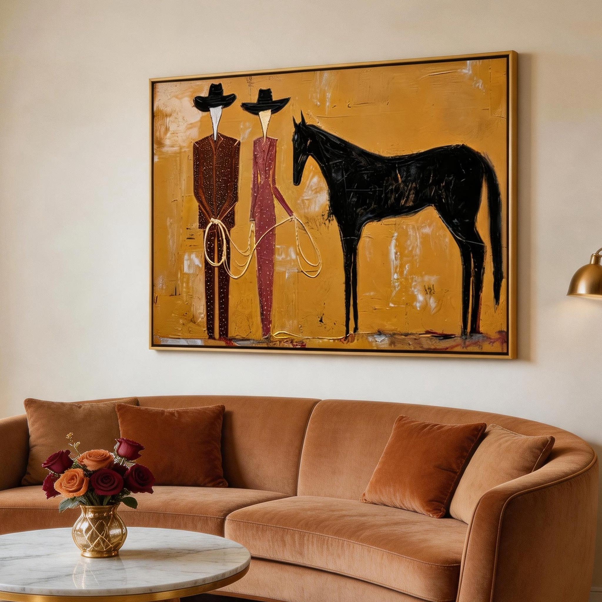 The Ranchers — Two Figures & Black Horse Canvas Wall Art #HA044