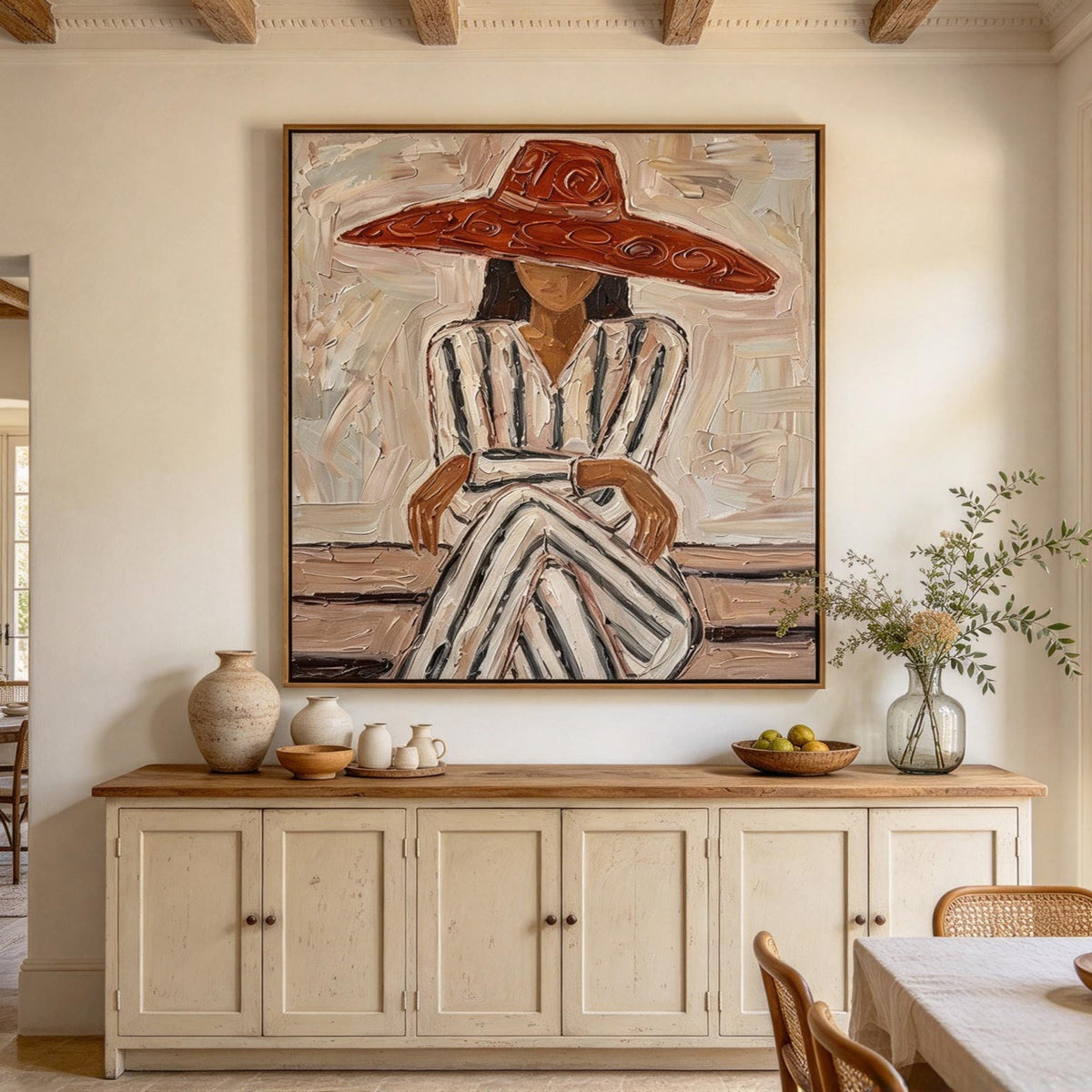 Red Hat Lady Textured Oil Painting | Neutral Fashion Wall Art #CA011