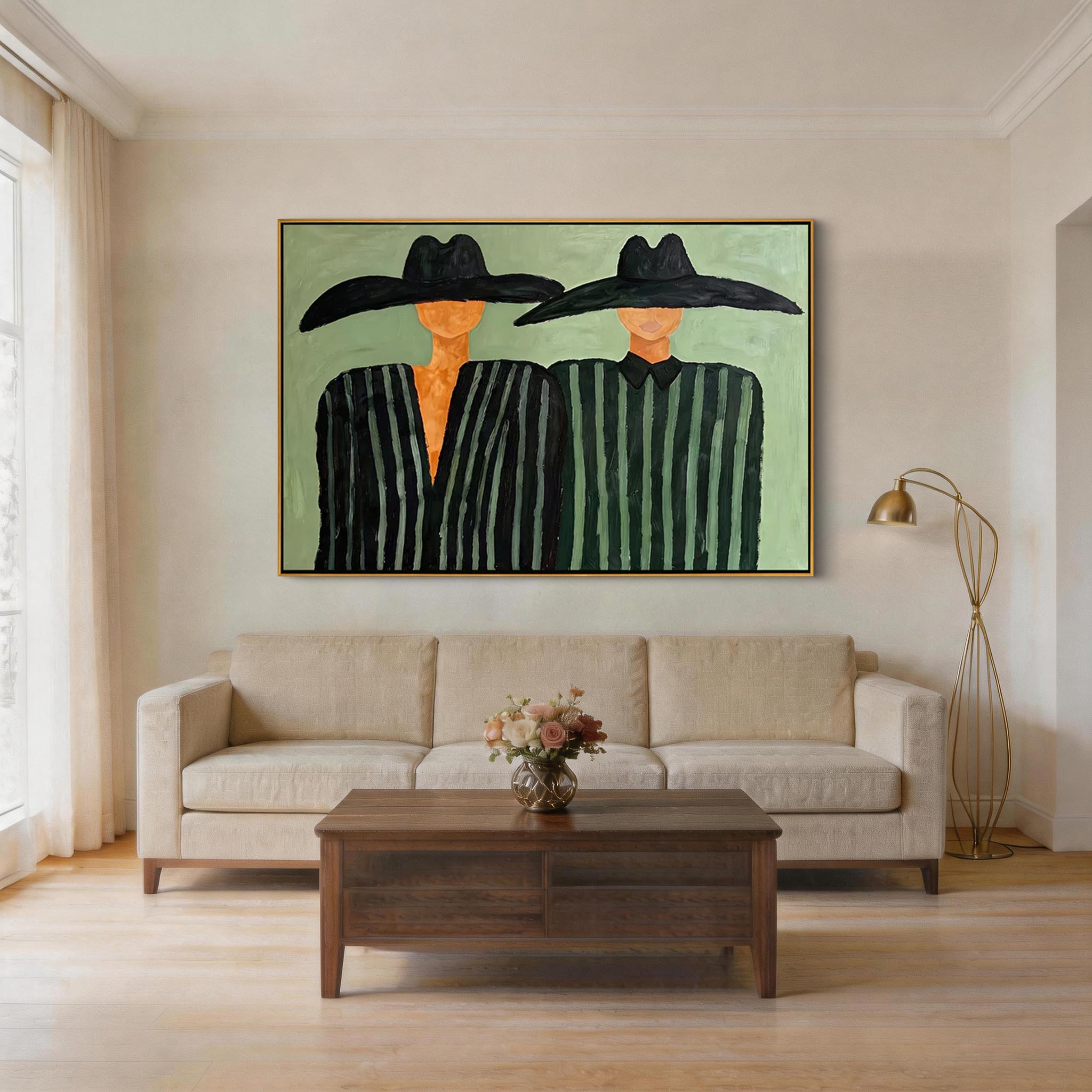 Hat & Stripe — Bold Duo Figure Canvas Wall Art, Mint Green #CP059