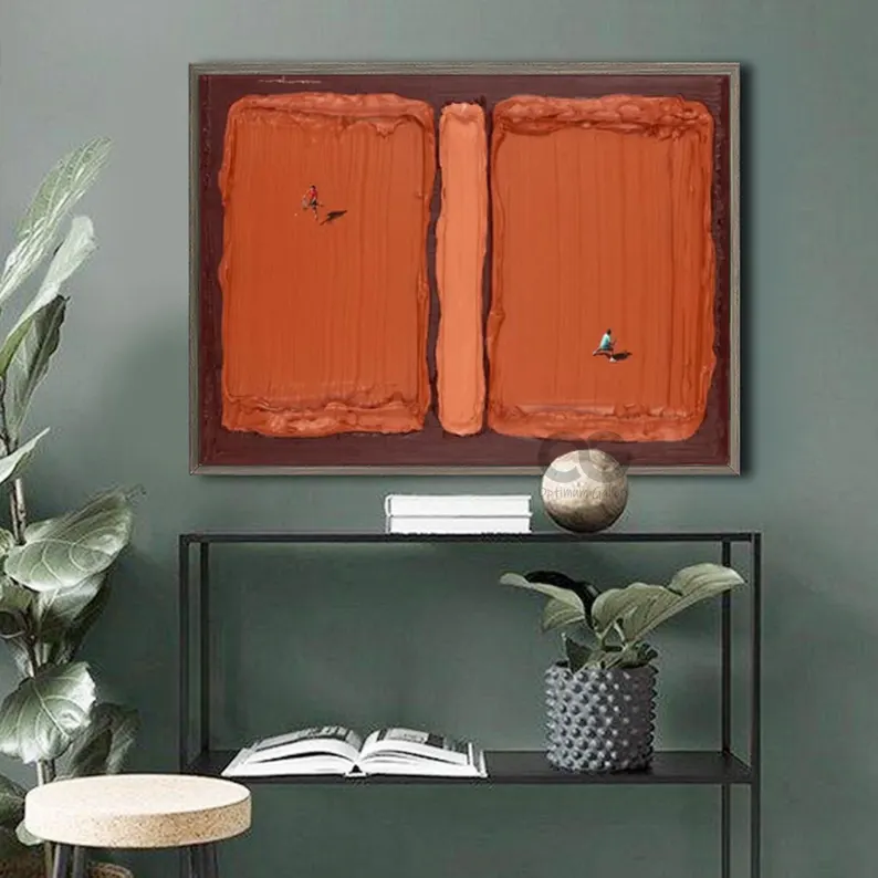 Textured Abstract Wall Art with Figures – Modern Orange Canvas Painting #CP018