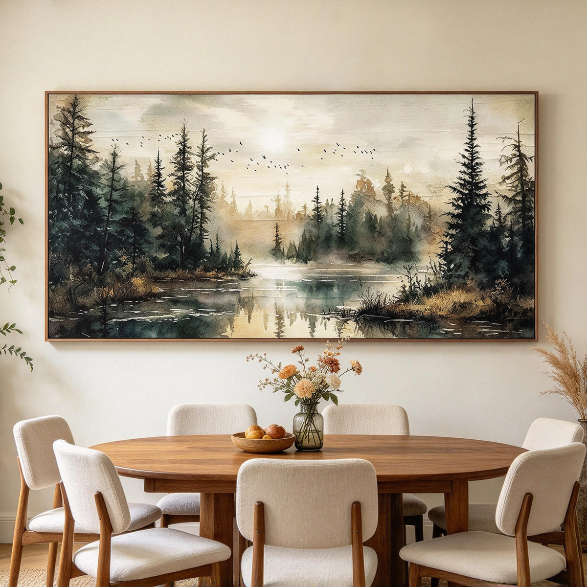Misty Pine Forest Lake Wall Art #LS079