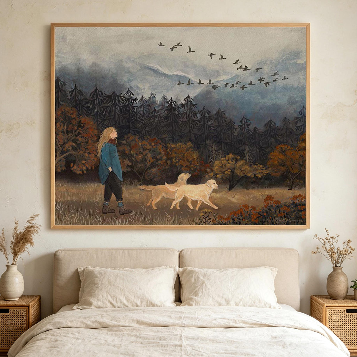 Autumn Walk with Dogs Landscape Wall Art #AN002