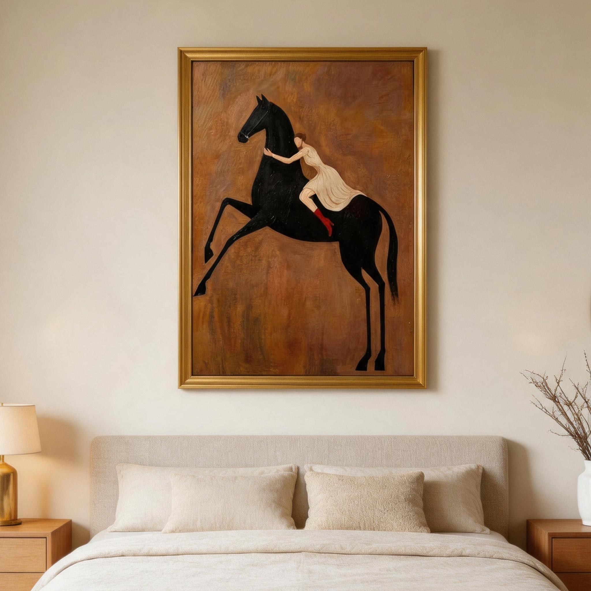The Leap — Woman & Rearing Black Horse Canvas Wall Art #HA041