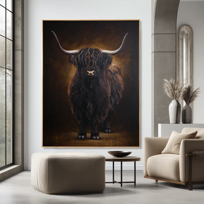 Highland Cow Wall Art – Dark Rustic Animal Canvas Painting #CP023