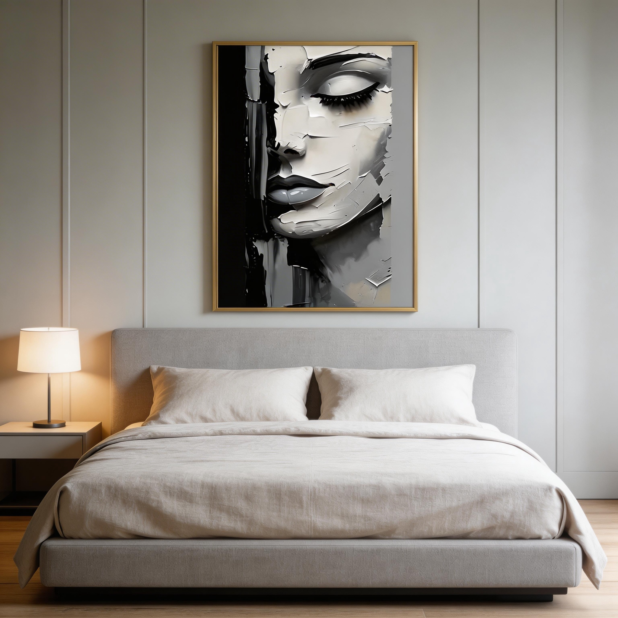Abstract Black White Woman Portrait Wall Art – Textured Canvas Painting #MA026